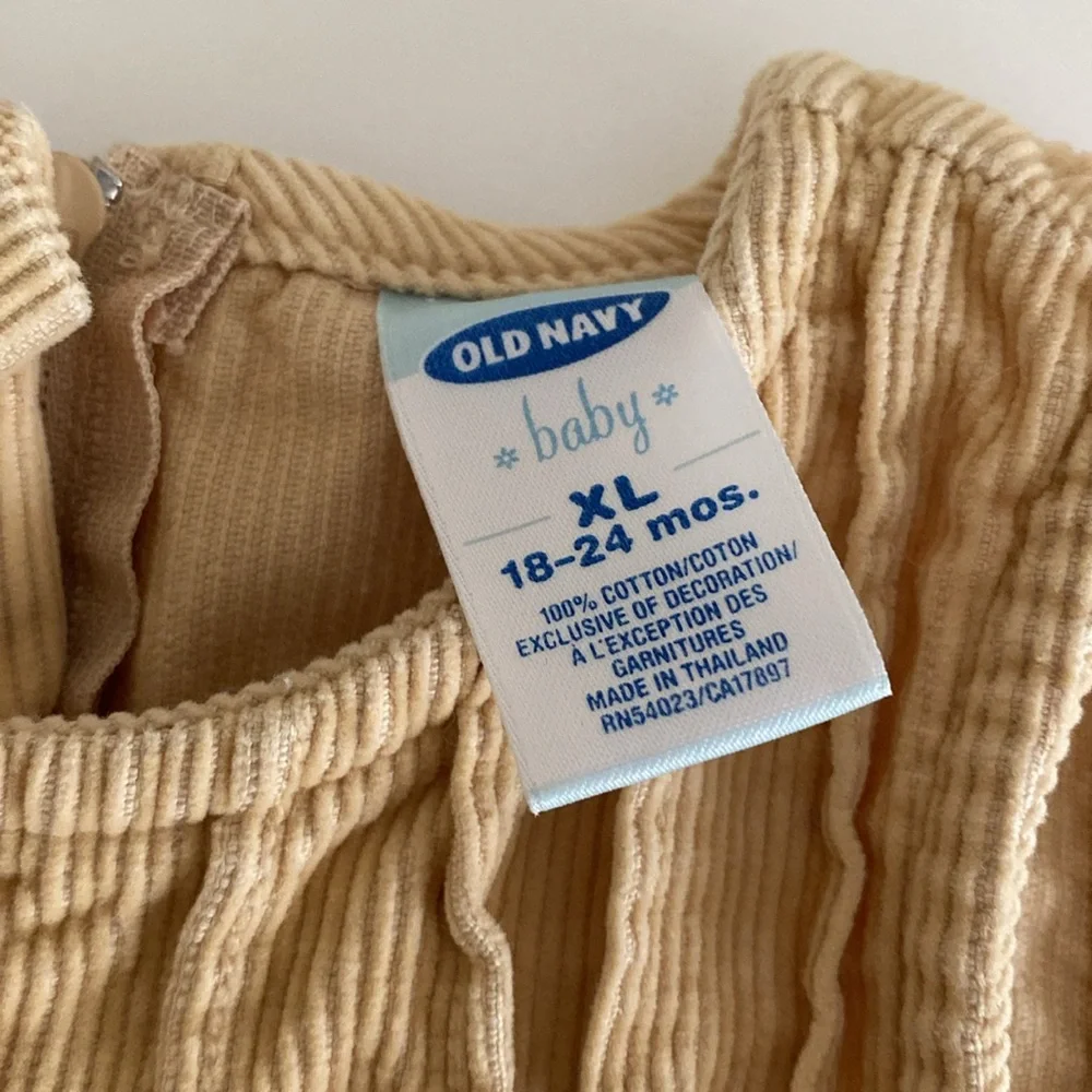 Baby Girls Old Navy Tan Pleated corduroy jumper dress embroidered 18-24 mo